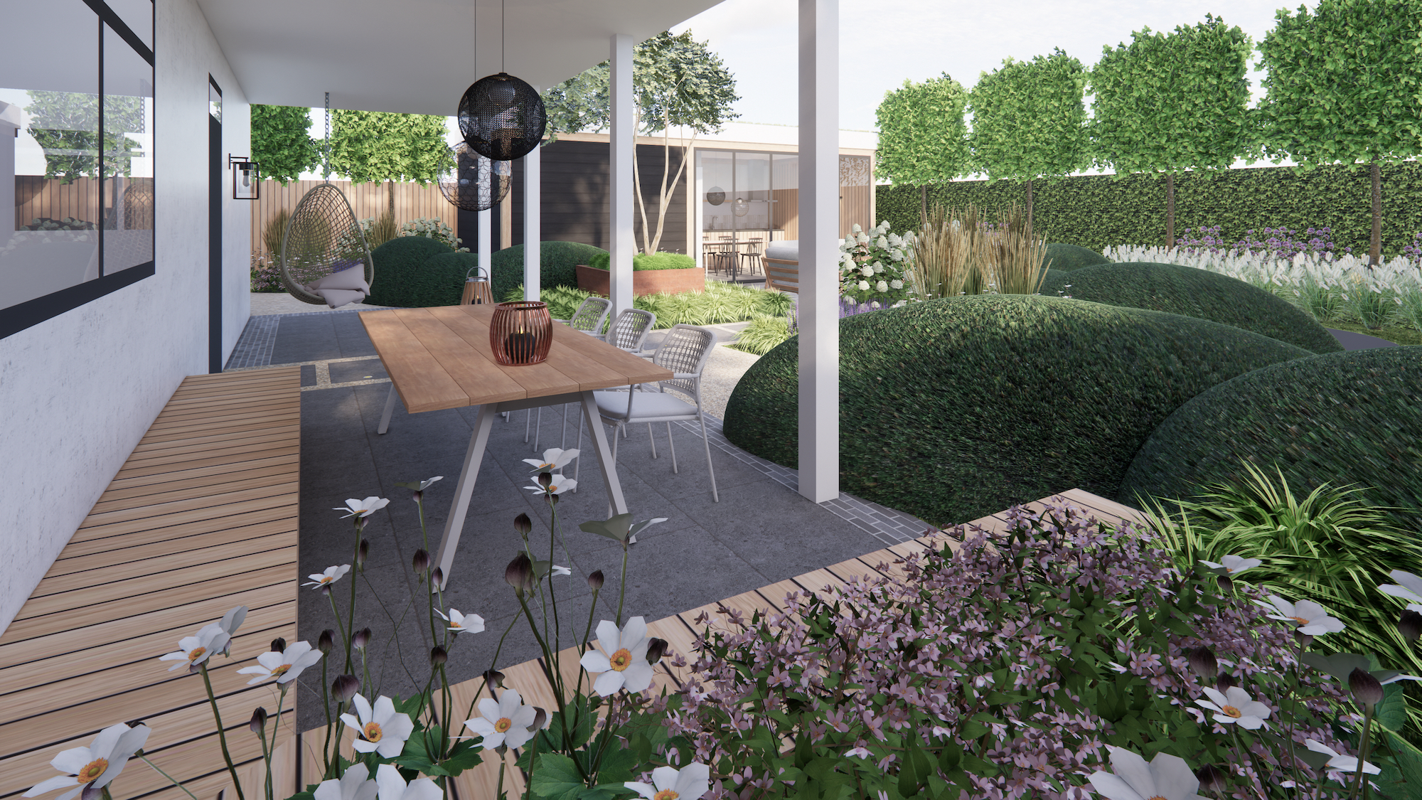 Ontwerp tuin met hoogteverschillen met een guesthouse, een veranda en een trap naar het balkon